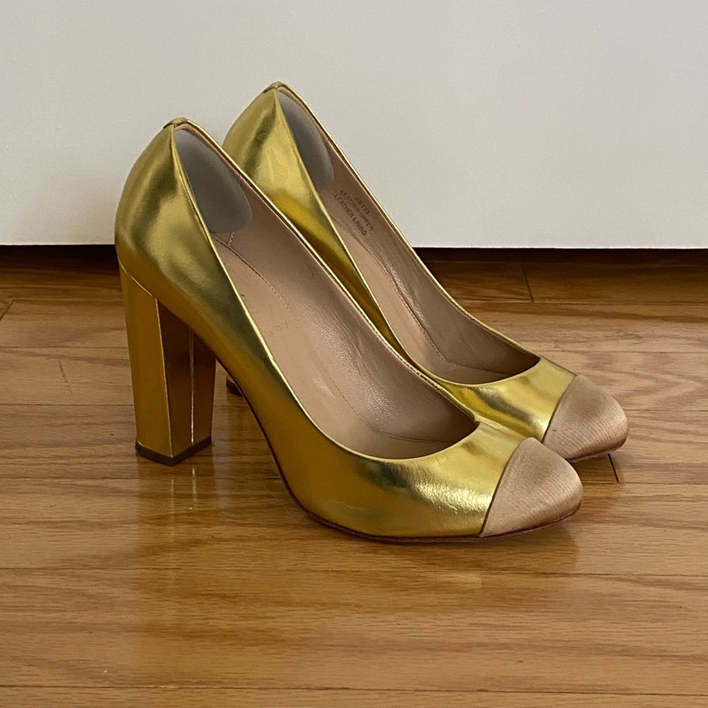 J. CREW gold patent pumps with silk cap toe detailing